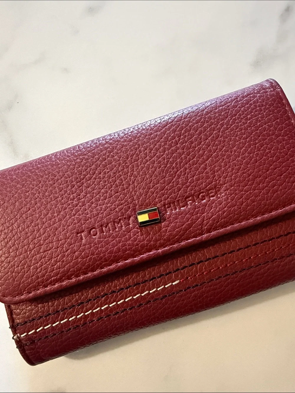 Tommy Hilfiger Burgundy Pebbled Leather Trifold Card Holder